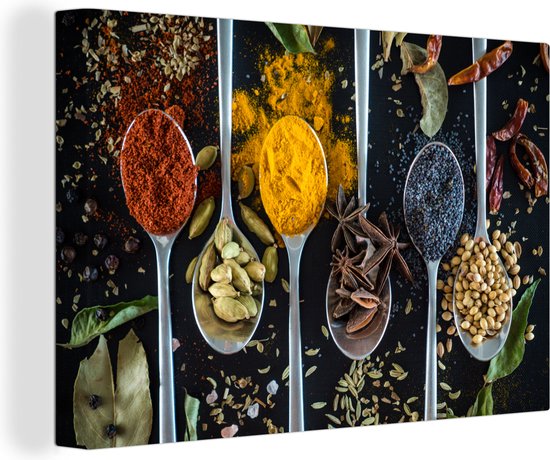Tableau sur toile Herbes - Cuillère - Épices - Zwart - Cuisine - 140x90 cm - Décoration murale