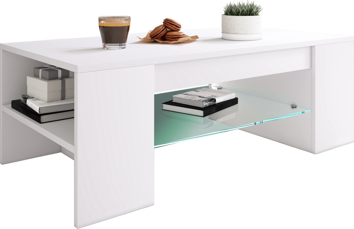 Vcm Houten salontafel Sofa-tafel Woonkamertafel Bijzettafel Lade glas Tunas wit