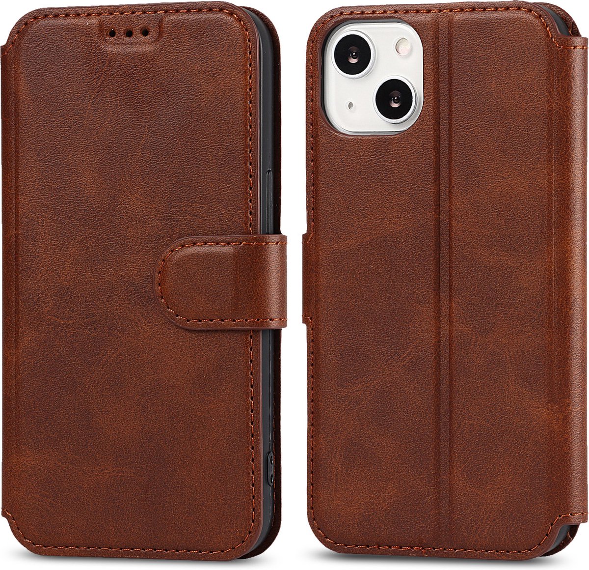 Bookcase Geschikt voor Apple iPhone 13 - Donkerbruin - Pasjeshouder - Portemonnee
