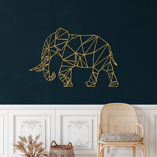 Wanddecoratie |Geometrische Olifant / Geometric Elephant | Metal - Wall Art | Muurdecoratie | Woonkamer | Buiten Decor |Gouden| 90x60cm