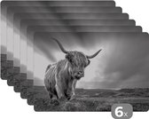 Placemat - Placemats kunststof - Koeien - Schotse hooglander - Natuur - Dieren - Zwart wit - 45x30 cm - 6 stuks - Hittebestendig - Anti-Slip - Onderlegger - Afneembaar