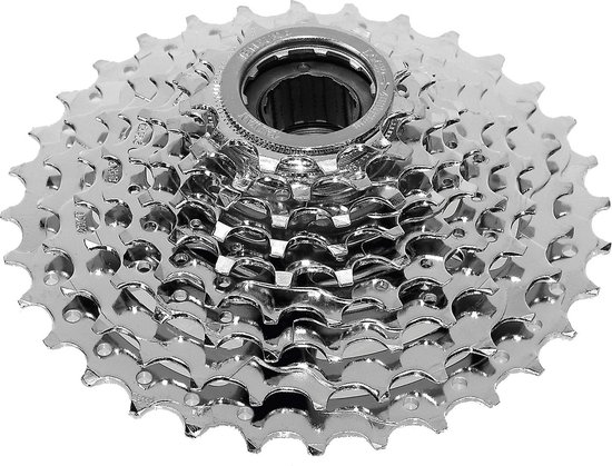 Xtrabike 9-speed cassette, zilverkleurig metaal met uitgesneden tandwielen.