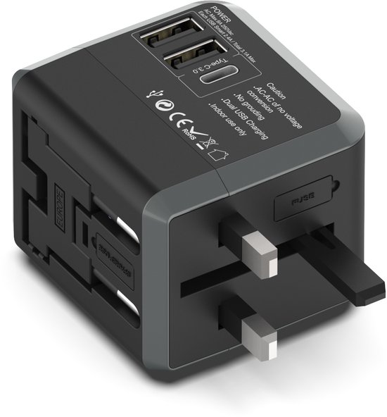 Universele Wereldstekker International Travel Adapter - met 3 USB-C en USB Poorten - Verloop stekker - Internationale Reis adapter universeel - Ar202