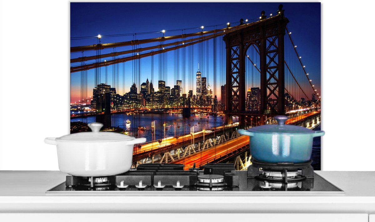 KitchenYeah Spatscherm keuken New York Skyline Verlichting Nacht Amerika Achterwand keuken Spatwand fornuis 90x60 cm Aluminium