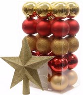 Decoris Kerstballen - 30x stuks - 6 cm rood-goud - met ster piek goud - kunststof