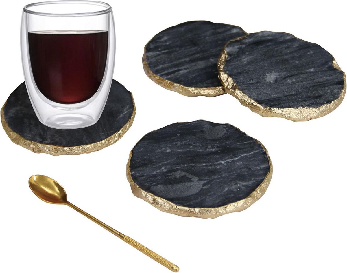 Marmer Onderzetters 4-delig - onderzetters voor glazen - marmer onderlegger - luxe onderzetter(set) zwart/goud