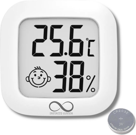 Infinite Goods Hygrometer - Digitale Weerstation - Luchtvochtigheidsmeter - Thermometer Voor Binnen - Vochtmeter - Incl. Batterij En Plakstrip