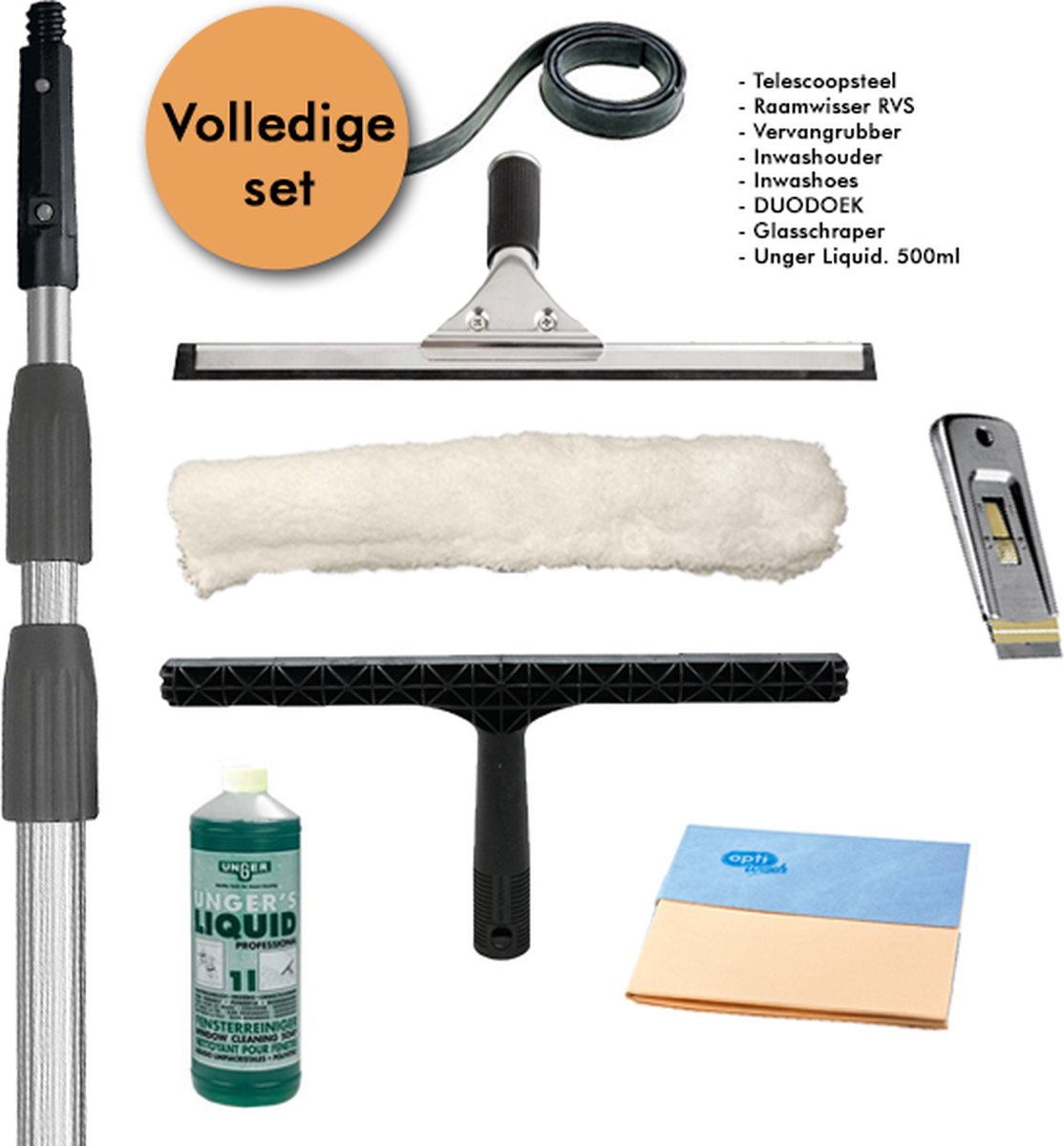 Goedkoopste Professionele Glasreinigingsset. Unger Liquid, Raamwisser, Inwasser, Telescoopsteel, Glasschraper.