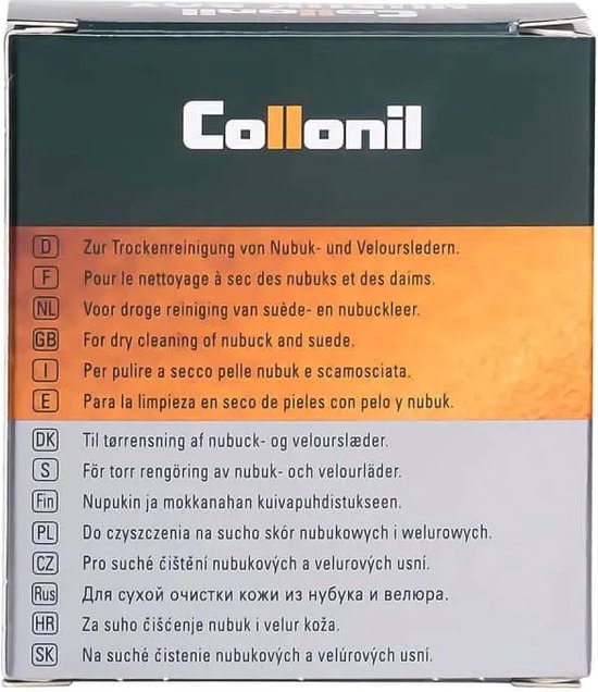Collonil doos met meertalige beschrijving voor het reinigen van suède en nubuck.