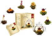 Theebloemen geschenkset mix - Zwarte thee - Witte thee - Groene thee en theepot (6 stuks theebloemen)