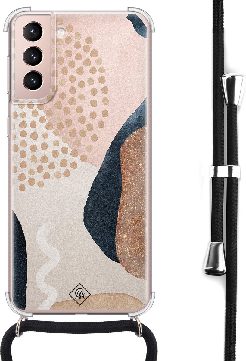 Samsung Galaxy S21 hoesje met koord - Abstract dots - Bruin/beige - Geometrisch patroon - Afneembaar zwart koord - Crossbody - Schokbestendig - Casimoda