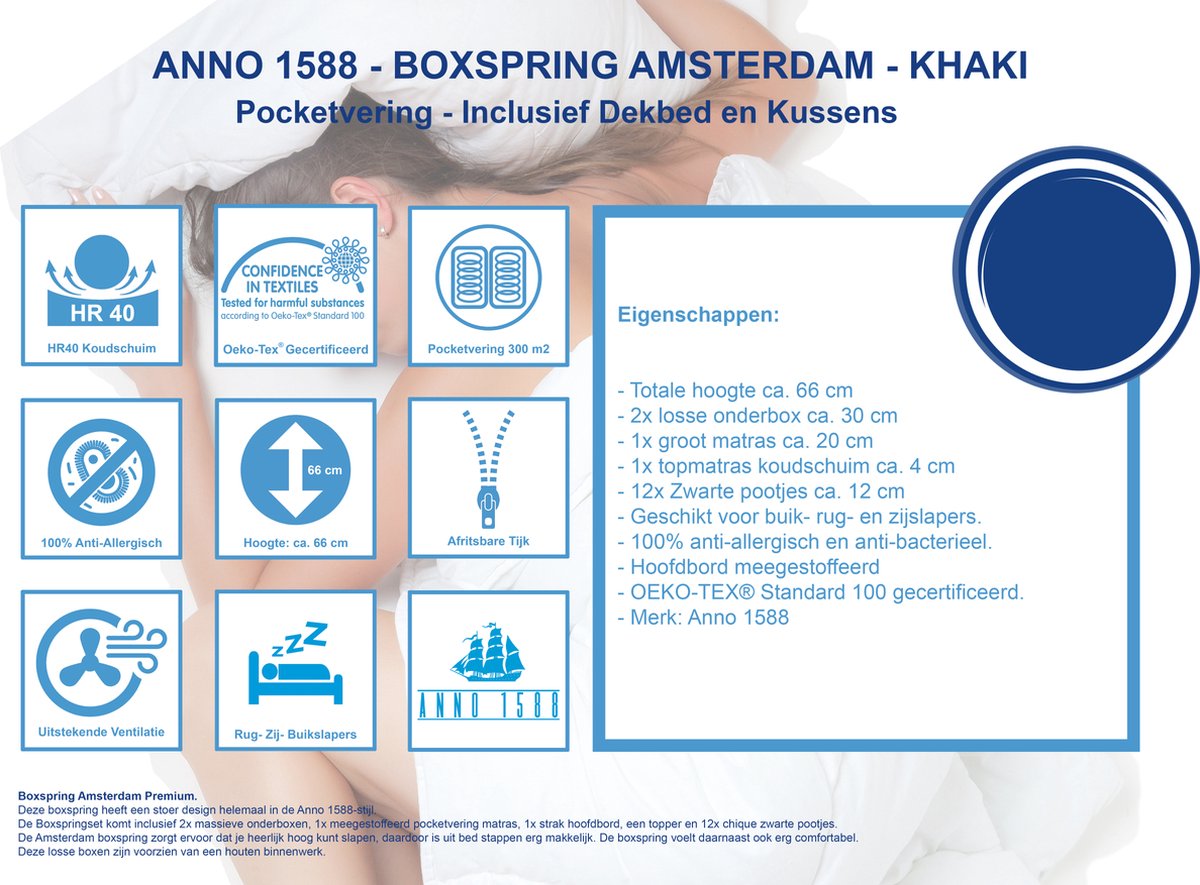 Anno 1588 - Boxspring Amsterdam - Pocketvering - Beige - 180x200 cm - Inclusief Dekbed en Kussens thumbnail 3