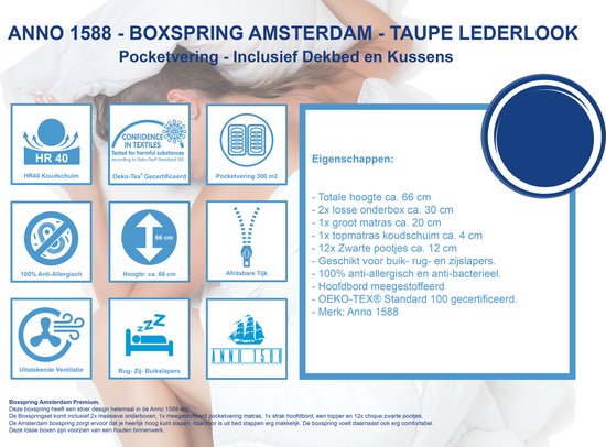 Overzicht van de Boxspring Amsterdam met de specificaties HR 40, Oeko-Tex, 66 cm hoog, afritsbare hoes.