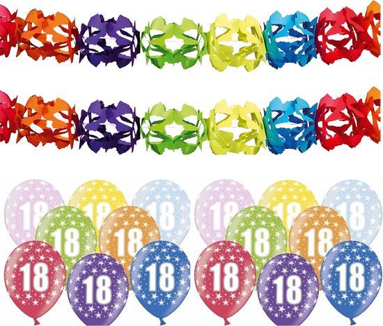 Partydeco 18 jaar feestartikelen pakket - 2x slingers en 12x ballonnen