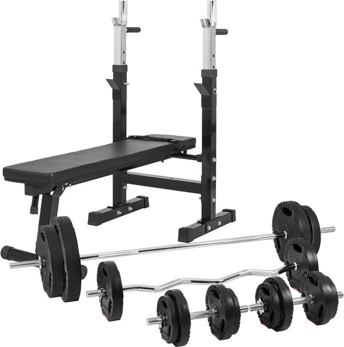 Gorilla Sports Halterbank Zwart Met 100 kg Halterset - Fitnessbank - Verstelbaar - Halterstang Met Gewichten - Gripper Kunststof