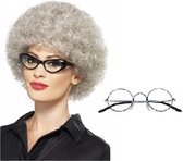 Topcosplay 3er Set Oma Perücke Großmutter Perücke mit Perlenkette Oma Brille Granny Perücke Grau Old Lady Kostüm Set Alte Dame Perücke für Karneval Halloween (Grau