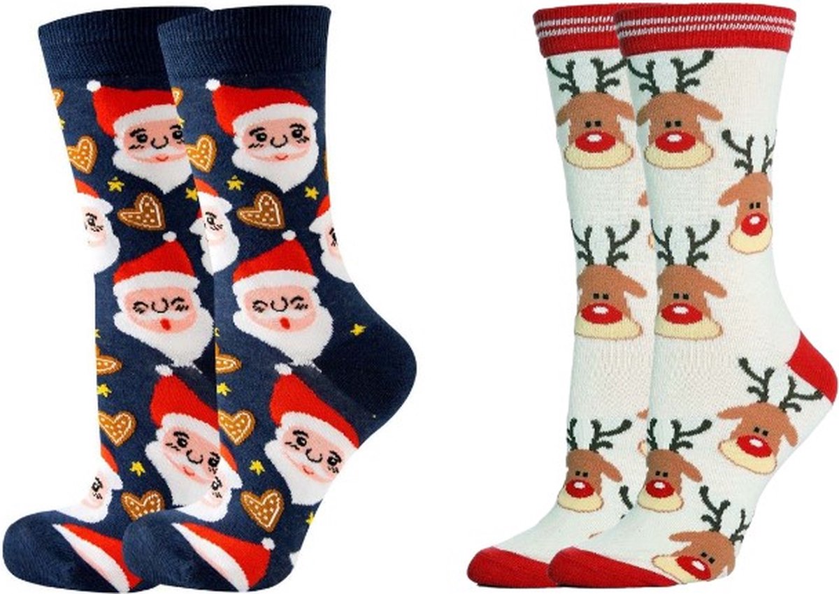 ASTRADAVI Christmas Socks - Sokken - 2 Paar Kerstsokken - Premium Katoenen Normale Sokken - 35/40 - Rood, Wit, Marineblauw - Kerstcadeau Idee