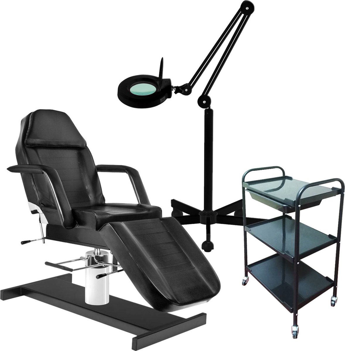 Goedkoopste MBS Behandelstoel volledige set - Professioneel - Manicure - Pedicure - Gezichtsbehandeling - zwart - Incl. Hoes - Loeplamp - tafel (60