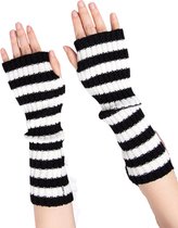 Gants tricotés sans doigts rayés noir / blanc - Chauffe-poignets longs gothiques dames