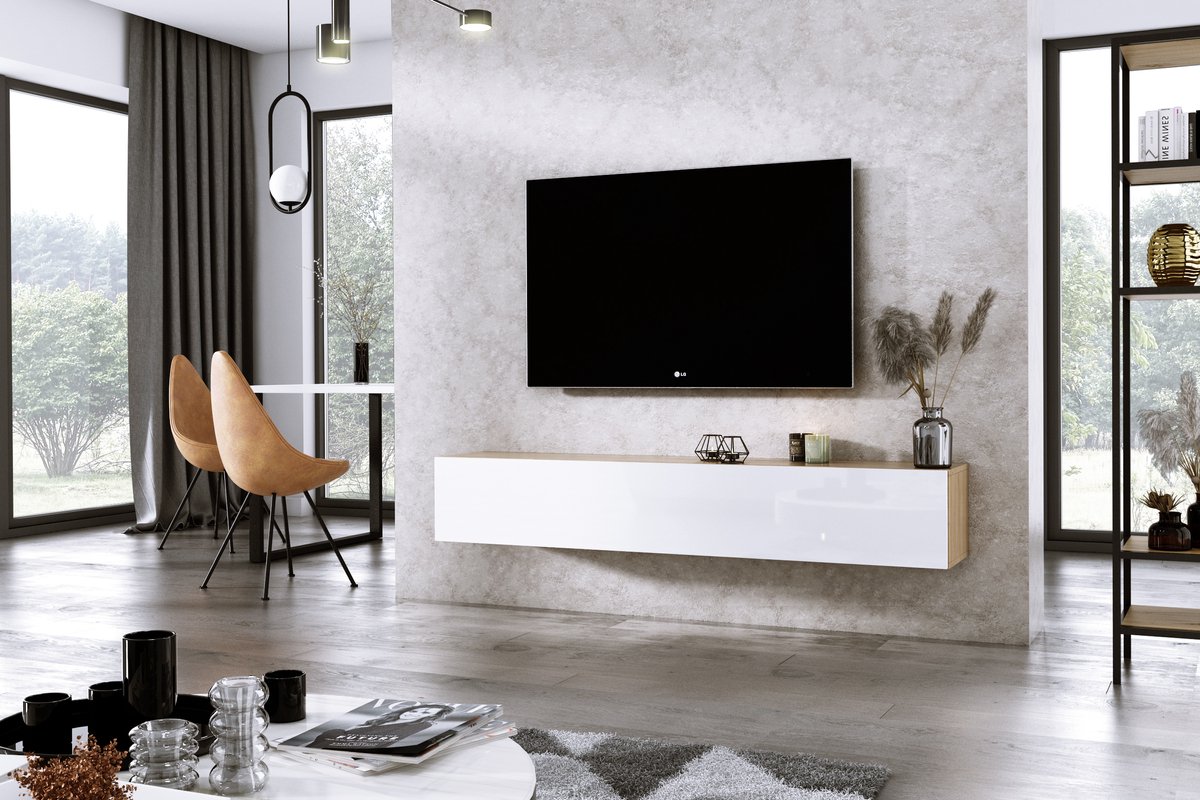 Furniture Square - Meuble TV DIAMOND - Chêne / Wit brillant - 180cm -  Meuble TV suspendu | bol