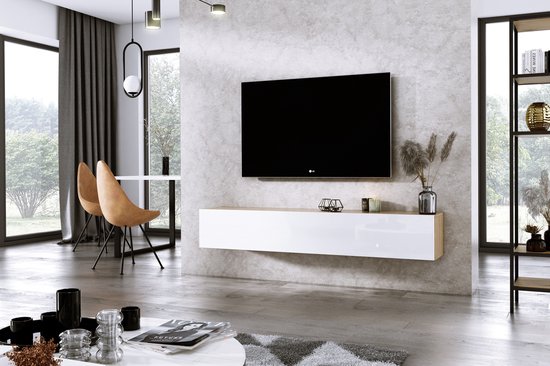 Meubel Square - TV meubel DIAMOND - Eiken / Hoogglans Wit - 180cm - Hangend  TV Kast | bol.com