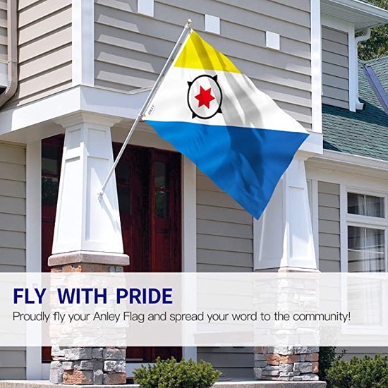 Grote Bonaire vlag met blauwe, witte, gele en rode secties, en een ster in een zwarte cirkel.