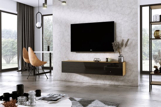 Meubel Square - TV meubel DIAMOND - Eiken / Hoogglans Zwart - 150cm -  Hangend TV Kast | bol