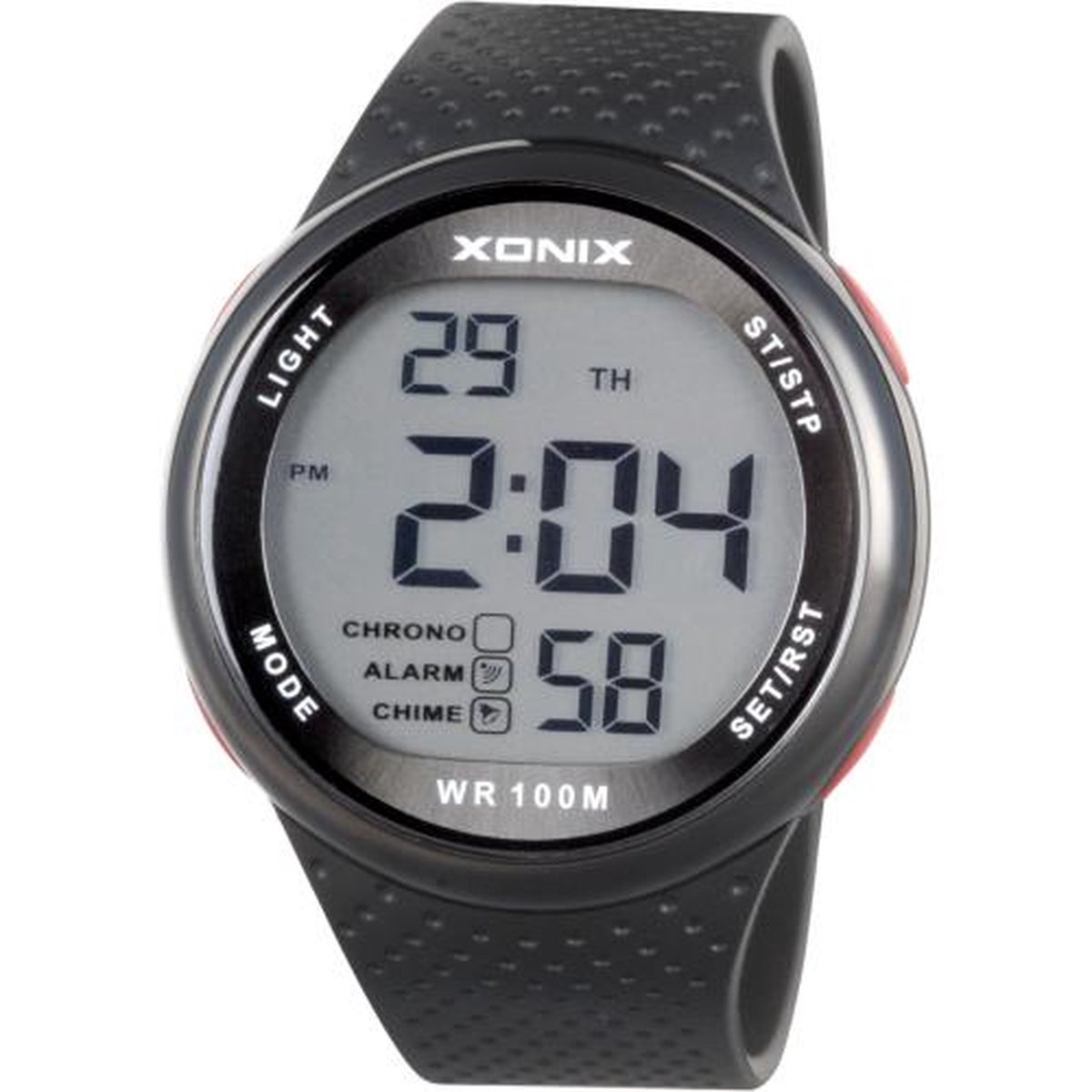 Xonix GJ-007A - Horloge - Digitaal - Heren - Mannen - Rond - Siliconen band - ABS - Cijfers - Achtergrondverlichting - Alarm - Start-Stop - Chronograaf - Tweede tijdzone - Waterdicht - 10 ATM - Zwart - Rood