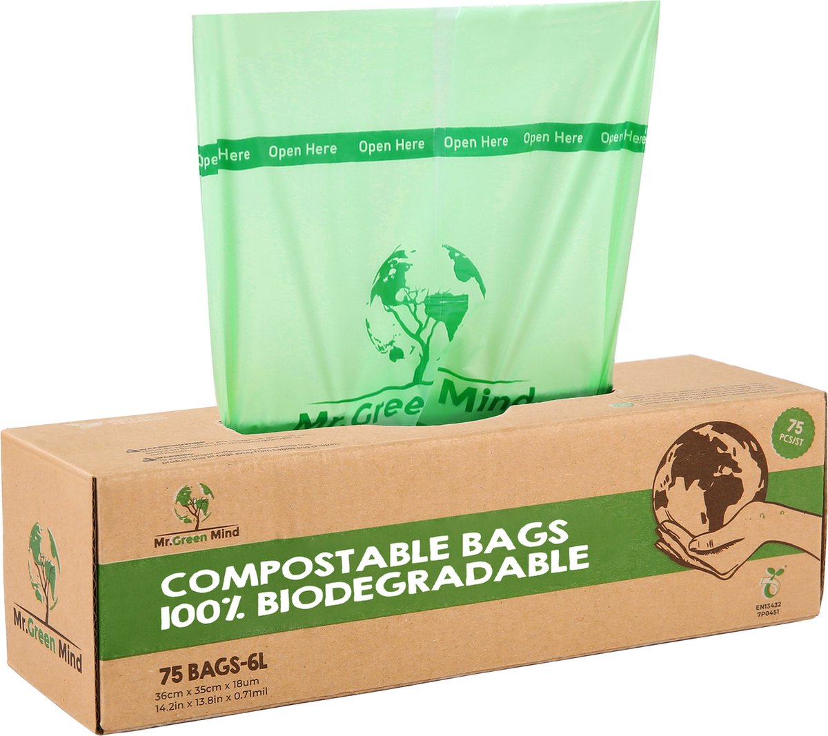 Biozakken 6 liter 75 stuks biologisch afbreekbare afvalzakken – 35 x 36 cm - 100% composteerbare vuilniszakken - Incl. dispenser - gft afvalzakken
