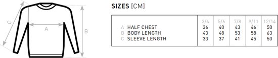 Maattabel in centimeters voor een sweater, met afmetingen voor halve borstomtrek, lengte en mouwlengte.