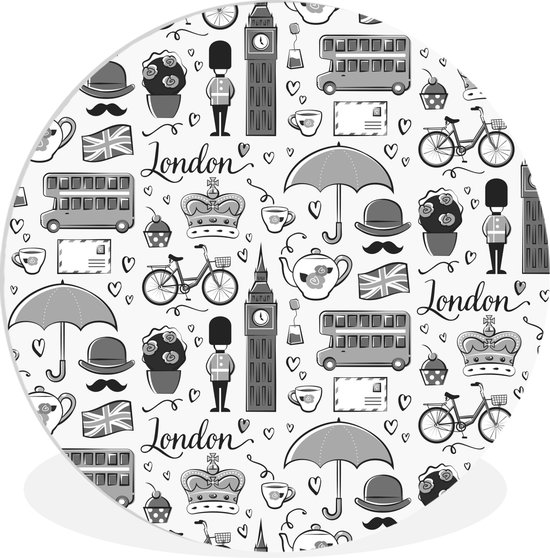 WallCircle - Wandcirkel ⌀ 30 - Patroon van illustraties uit de stad London - zwart wit - Ronde schilderijen woonkamer - Wandbord rond - Muurdecoratie cirkel - Kamer decoratie binnen - Wanddecoratie muurcirkel - Woonaccessoires