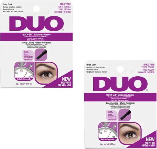 Twee verpakkingen van DUO Quick-Set Striplash Adhesive Dark Tone met paarse letters. Beide verpakkingen bevatten afbeeldingen van een oog en een timer.
