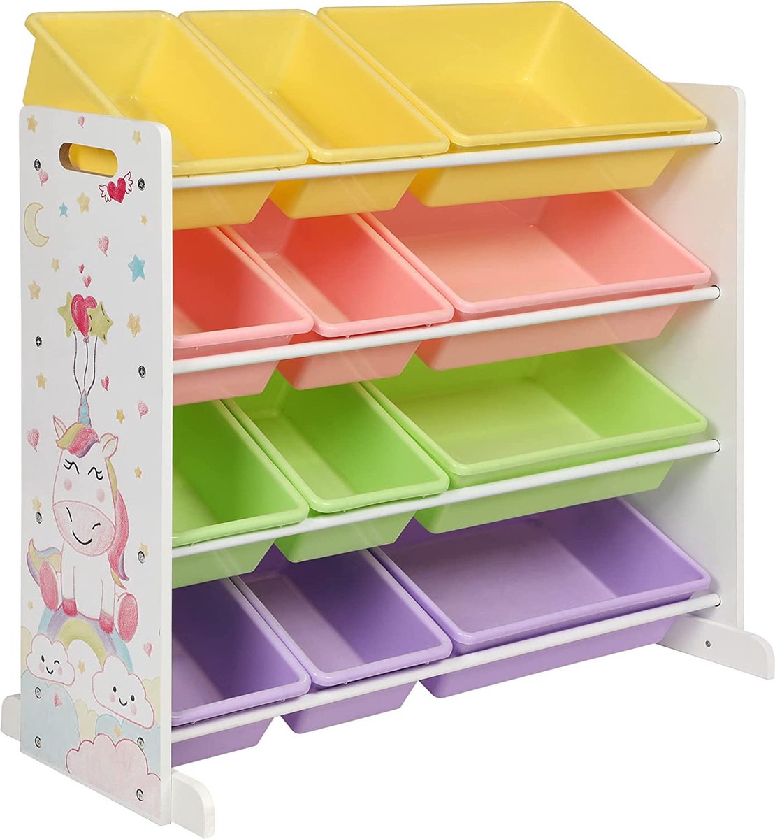 A.T. Shop Speelgoedopberging, Kinderspeelgoed Organizer Rack met 12 verwijderbare PP plastic dozen, voor kinderkamer, speelkamer, 86 x 38 x 78 cm, wit, roze, oranje, paars en groen