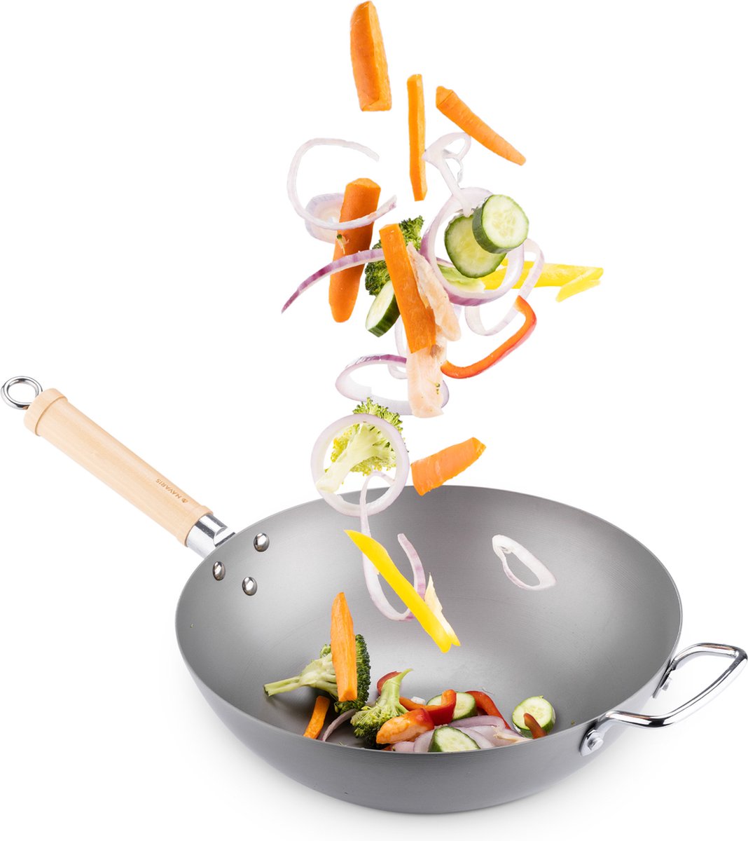 Navaris grote wokpan geschikt voor inductie Koolstofstalen wok met twee handvaten Carbon steel wok 30 cm diameter Voor roerbak- en wokgerechten