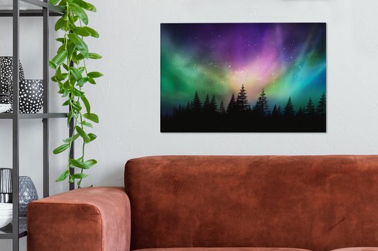 Canvas schilderij 60x40 cm - Wanddecoratie Noorderlicht - Sterrenhemel - Bos - Canada - Muurdecoratie woonkamer - Slaapkamer decoratie - Kamer accessoires - Schilderijen op canvas