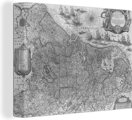 Canvas Schilderij Een oude zwart witte landkaart van Nederland - 80x60 cm - Wanddecoratie