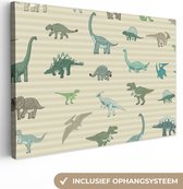 Canvas schilderij dinosaurus - Kinderkamer decoratie - Dino - Dieren - Design - Groen - Kids - Muurdecoratie kinderkamer - Canvasdoek kinderen - 60x40 cm