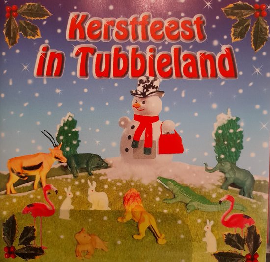 Voor- en achterkant van de Kerstfeest in Tubbieland CD-hoes met een kerstman, oranje gazelle, groene krokodil, groene olifant, zwarte slang, witte konijnen, leeuw en twee roze flamingo's op een besneeuwd landschap.