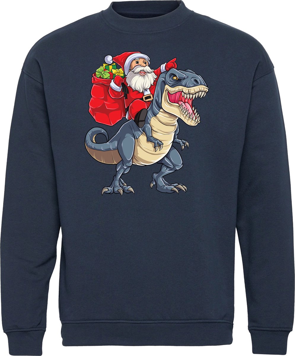Kersttrui Kerstman met Dino | Foute Kersttrui Dames Heren | Kerstcadeau volwassenen | Kerst | Navy | maat S