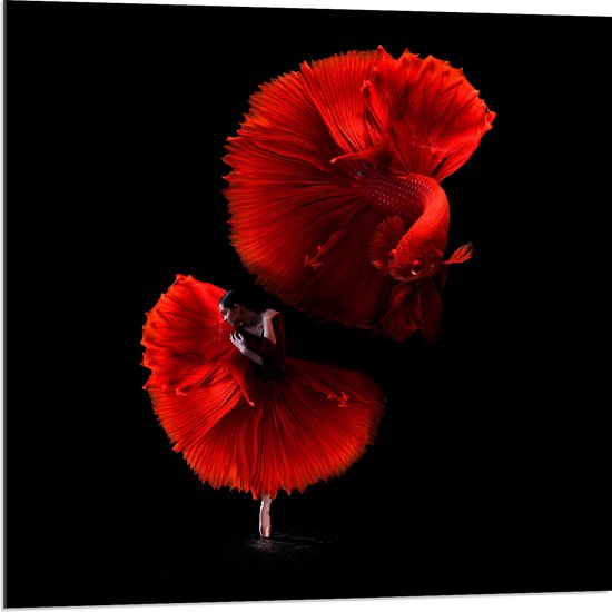 WallClassics - Acrylglas - Danser met Rode Jurk en Vis - 80x80 cm Foto op Acrylglas (Met Ophangsysteem)