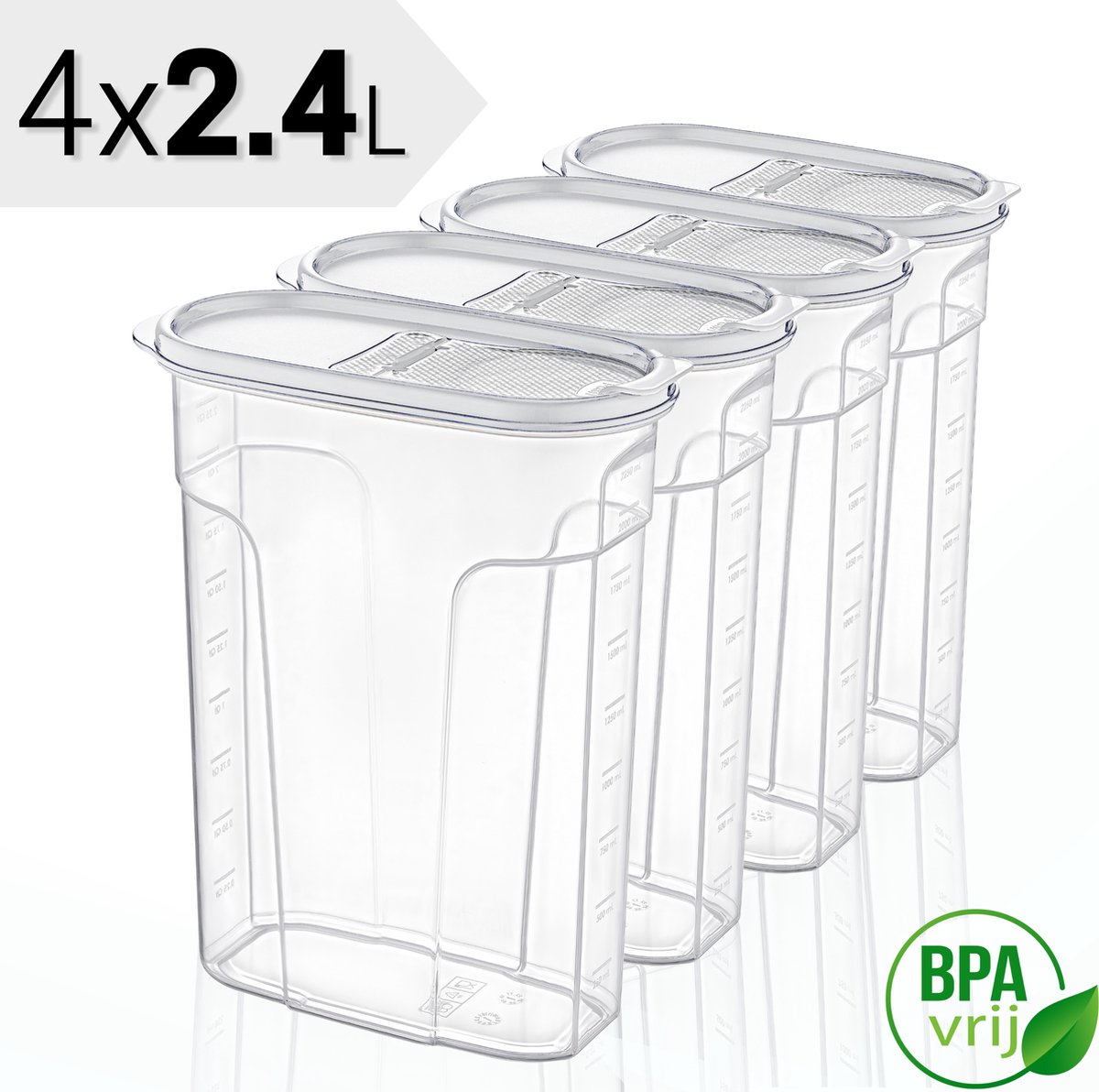 Voorraadpotten Set van 4 - 4x2.4L met witte deksel Voorraadbussen - Vershouddoos - 4 Stuks - BPA vrij - Kunststof
