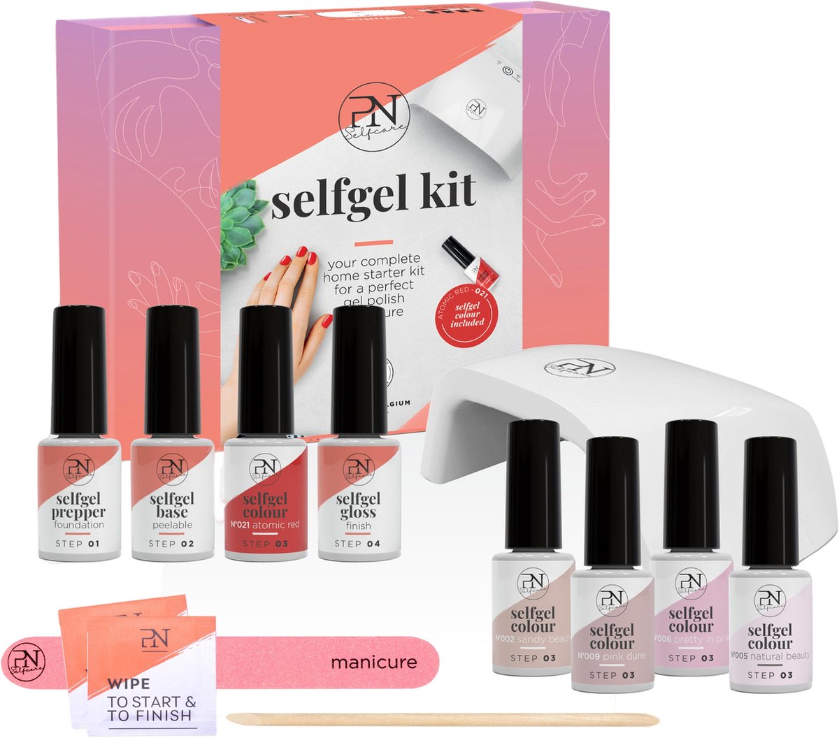 Goedkoopste PN Selfcare Gellak Starterspakket Compleet - Nagellak gel - 1 Atomic Red 4 Nude Gellak Kleuren - LED Lamp, Manicure Set & Nageltools - 8 x 6ml Gel Nagellak - Vegan & Hema Vrij