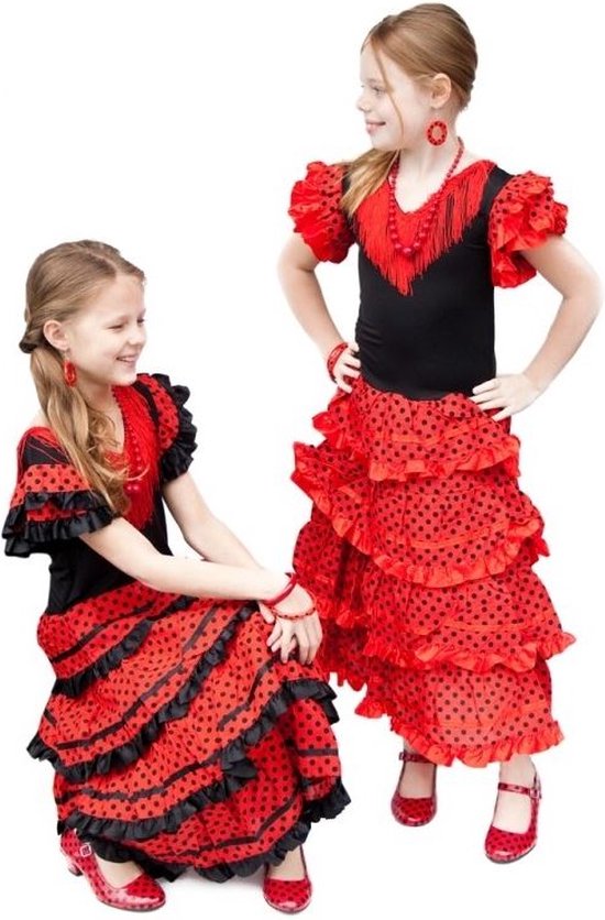 Spaanse jurk - Flamenco - Rood/Zwart - Maat 104/110 (6) - Verkleed jurk |  bol.com
