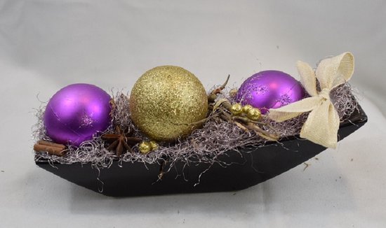 Kerststukje in zwart aardewerk schaaltje, paars/goud, L 24 cm, H 10 cm, Br 9 cm