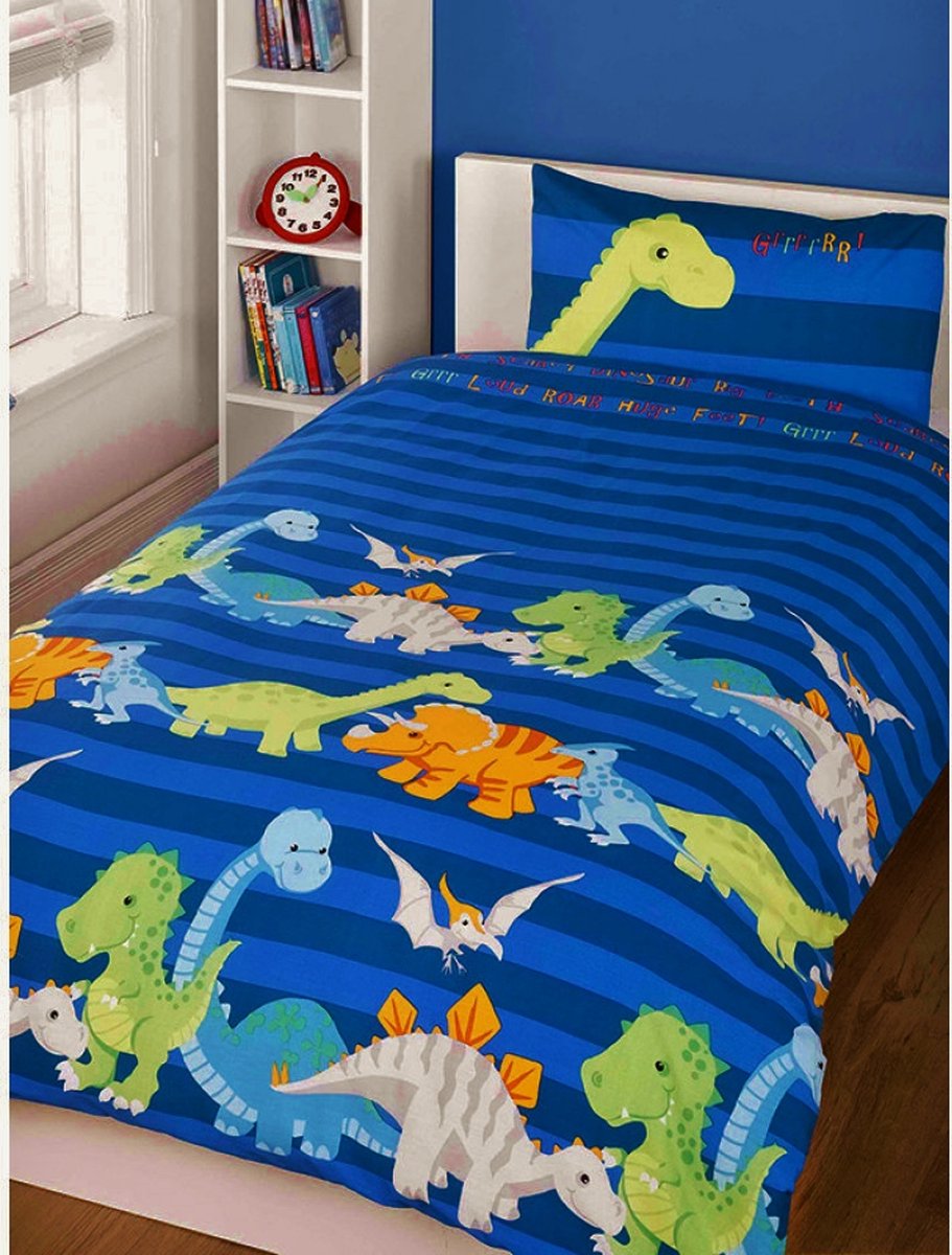 1-persoons jongens dekbedovertrek (dekbed hoes) blauw gestreept (strepen) met vrolijke grappige dinosauriërs (T-Rex dinosaurus) in grijs / groen / oranje eenpersoons 140 x 200 cm (beddengoed kinderkamer)