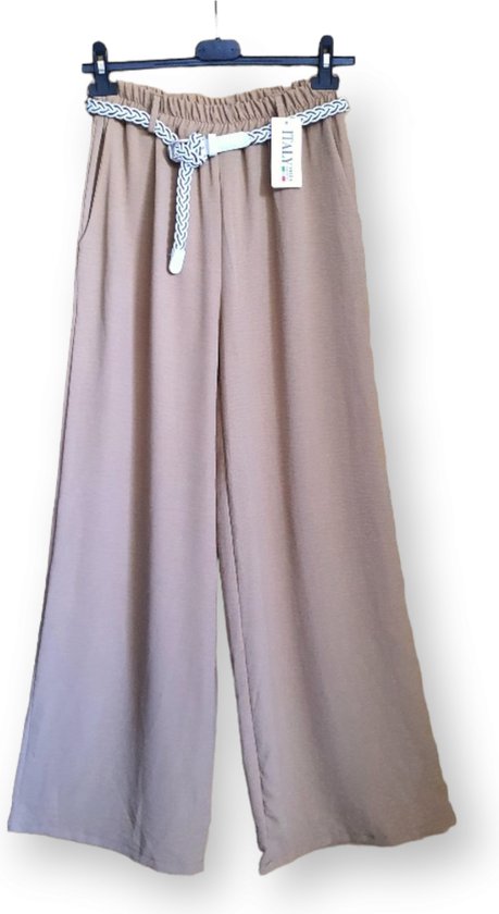 Elegante broek met ceintuur en zijzakken, zware satijnachtig stof kleur BEIGE maat 38/40