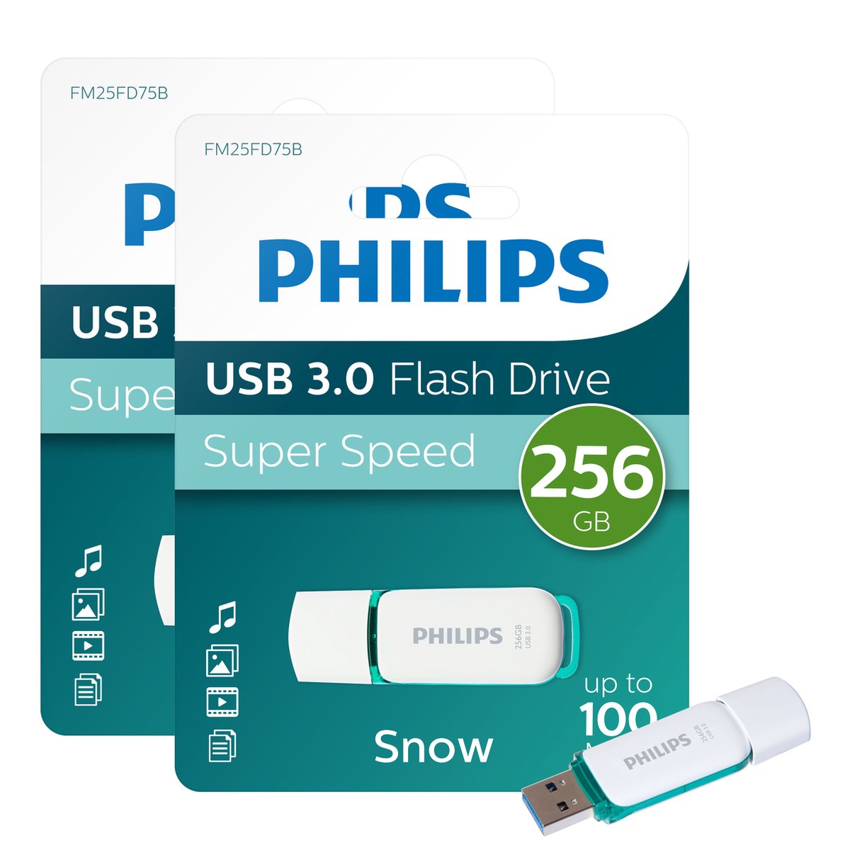 Philips FM25FD75B USB Stick - 256 GB - USB A 3.0 - LED - Spring Green Snow Edition - 2 stuks