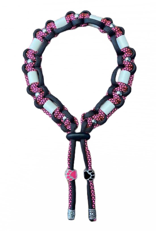 Anti-tekenband Tess - vlooienband - voor hond - EM kralen grijs - Maat M - Nekomvang 30-40 cm - kleur neon roze met zwart - met zilverkleurige kralen