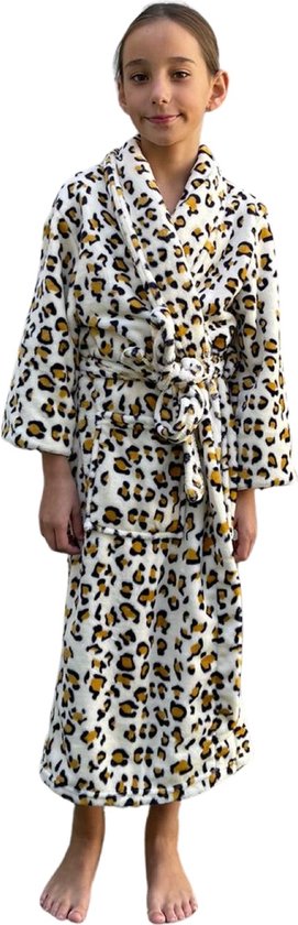 Kinderbadjas tijger print beige tinten– 100% flanel fleece – badjas kind luipaard – Badrock kindermodel – fleece badjas kind - XXL (14-16 jaar) 164-176