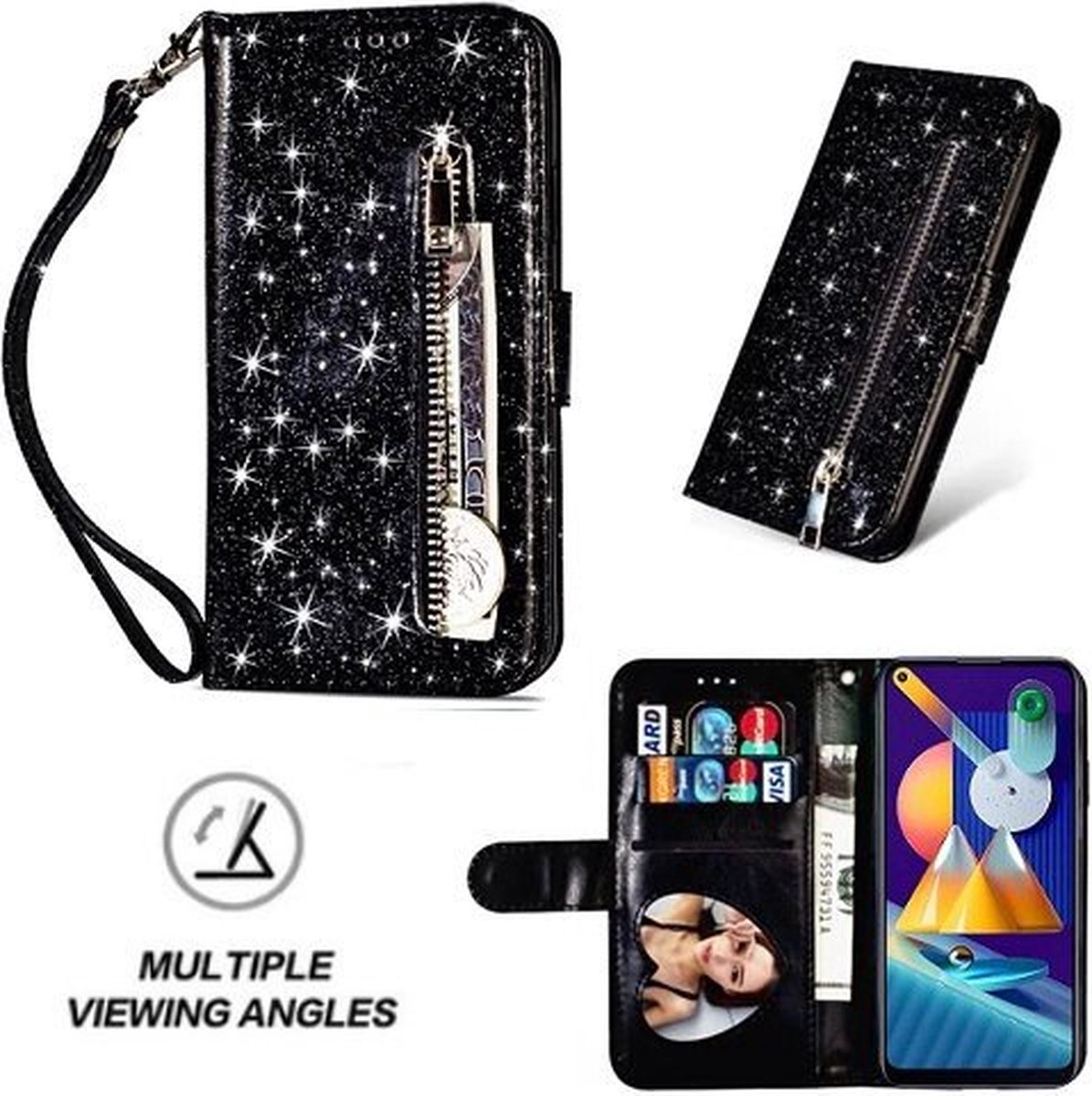 Samsung M11 Glitter Hoesje Met Pasjeshouder Bookcase Zwart